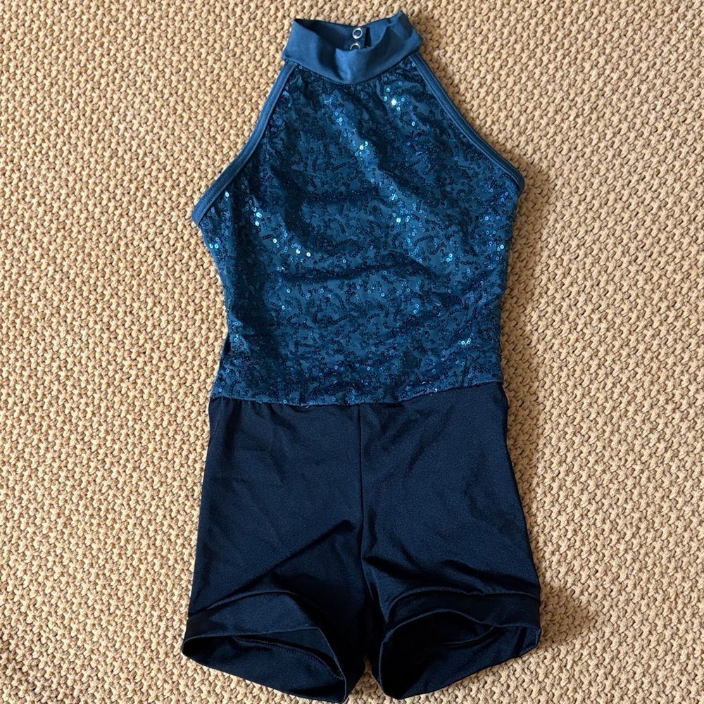 NWOT WEISSMAN Turquoise Sequin Halter Top Dance Costume Size 7/8